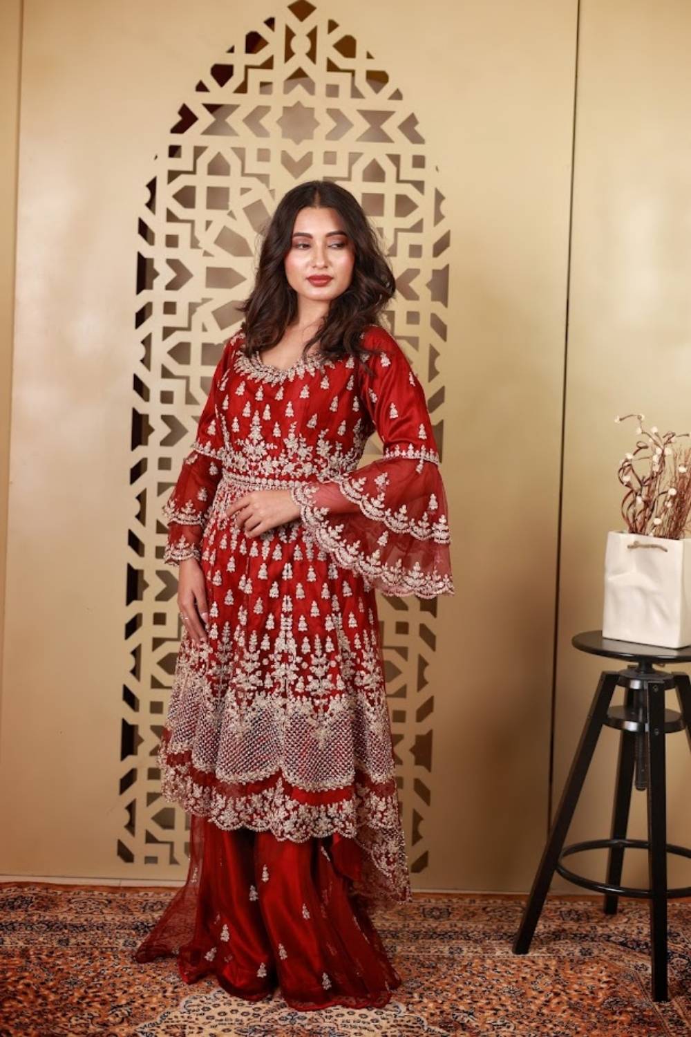 Crimson Zari Embroidered Net Anarkali Set with Palazzo & Dupatta