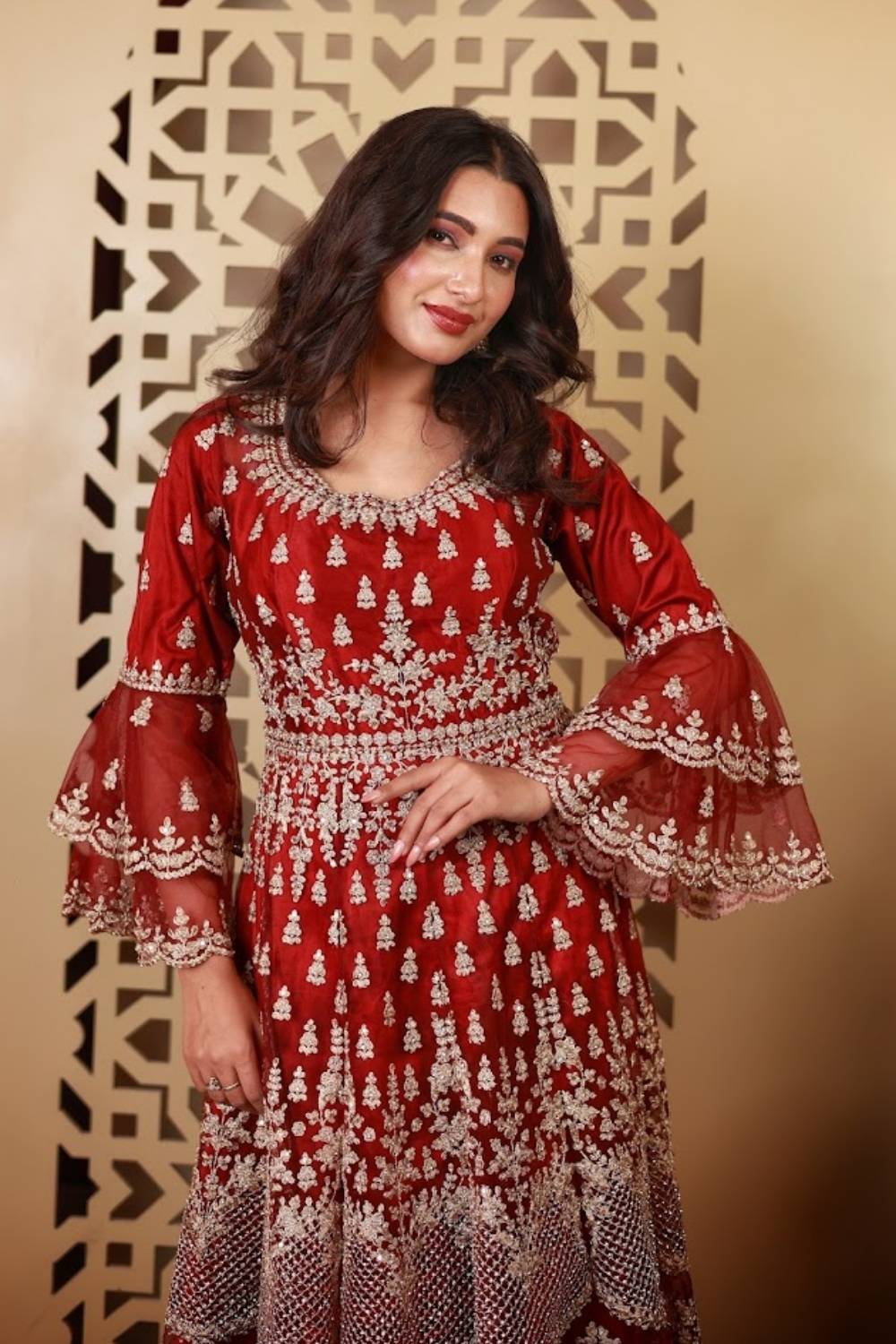 Crimson Zari Embroidered Net Anarkali Set with Palazzo & Dupatta