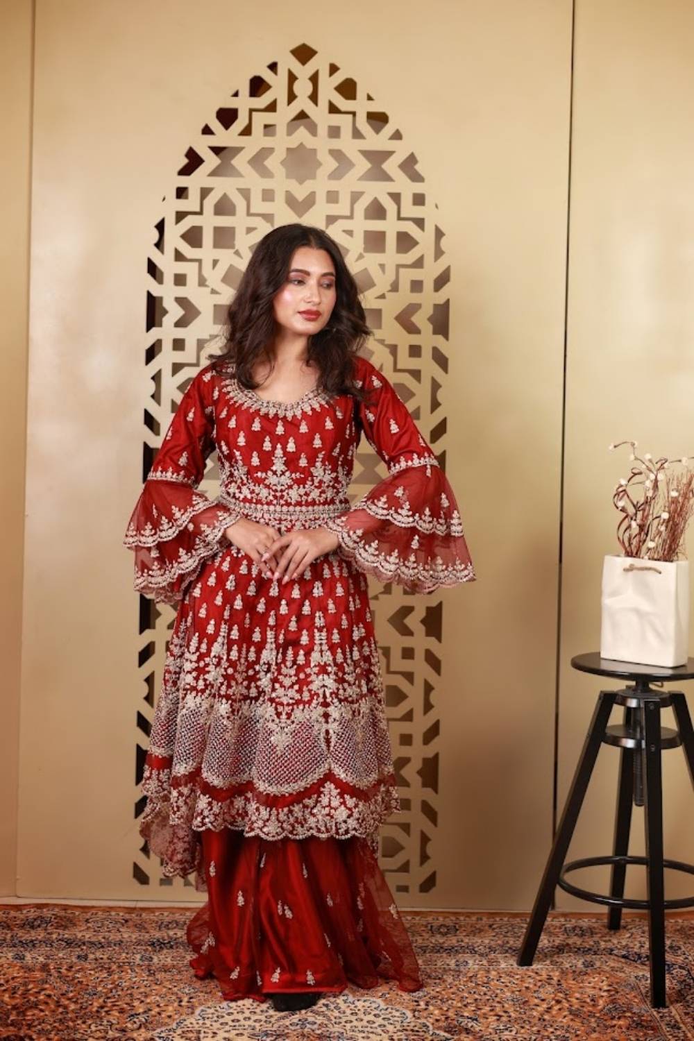 Crimson Zari Embroidered Net Anarkali Set with Palazzo & Dupatta