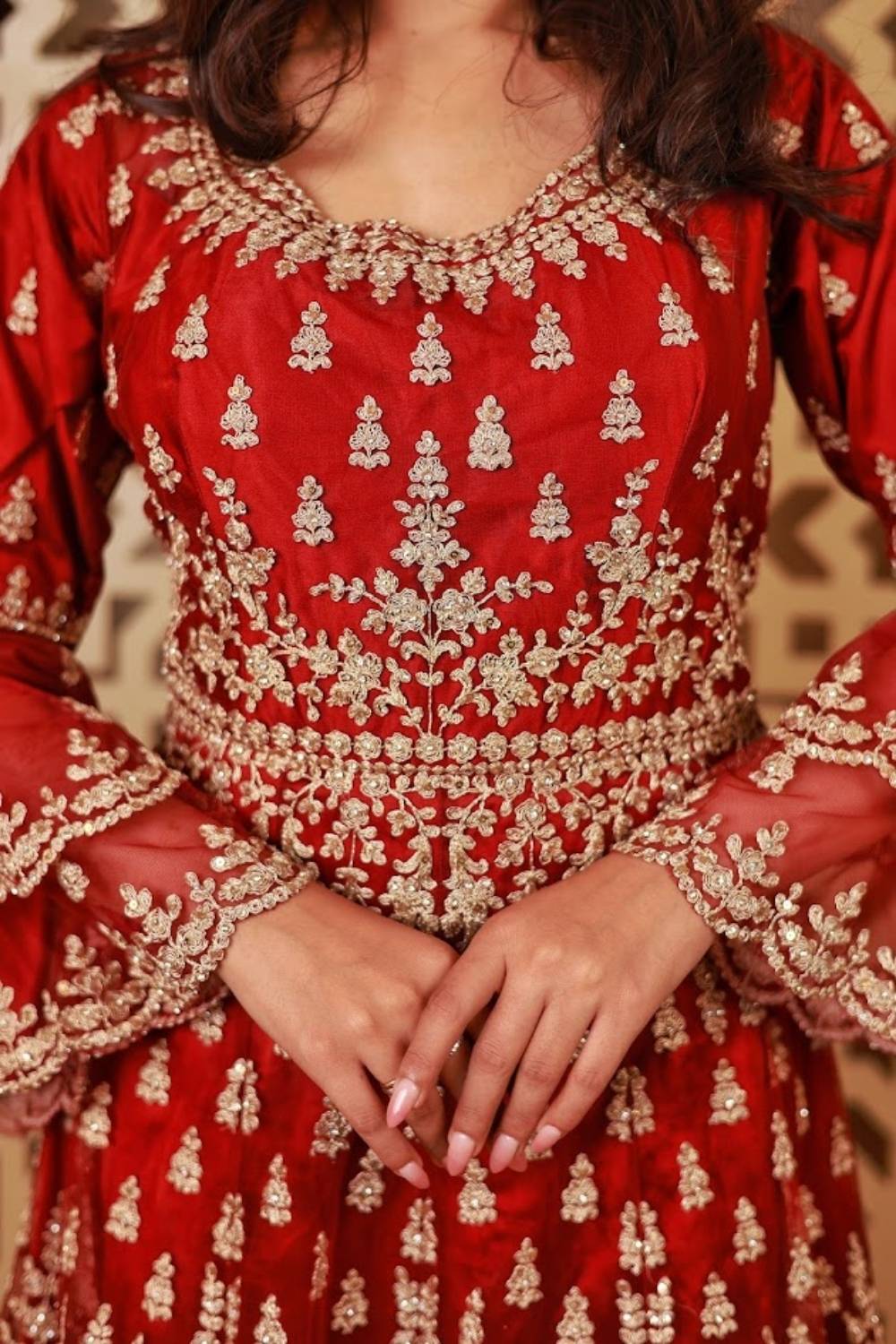 Crimson Zari Embroidered Net Anarkali Set with Palazzo & Dupatta