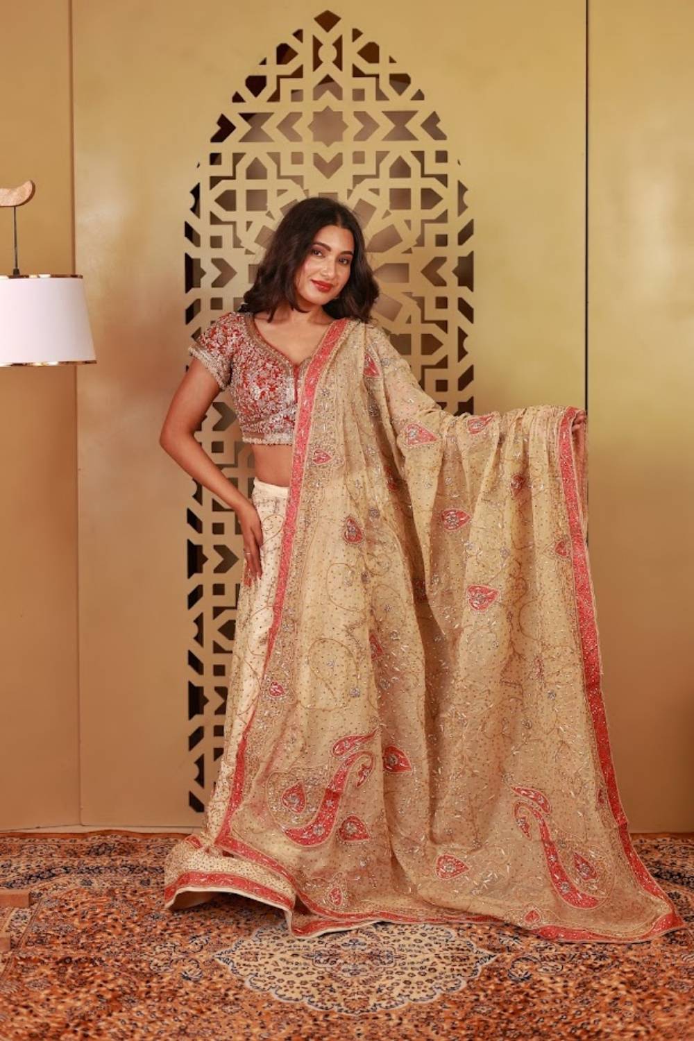 Gulnaar Tussar Silk Zardozi Bridal Lehenga Set