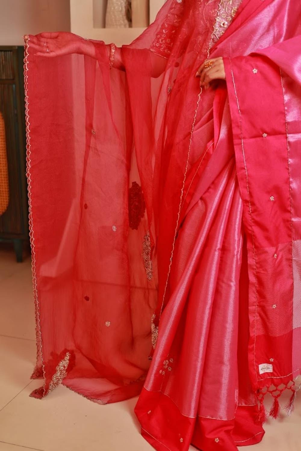 Gulabi Noor | Chanderi Silk Saree with Handcrafted Zardozi Blouse