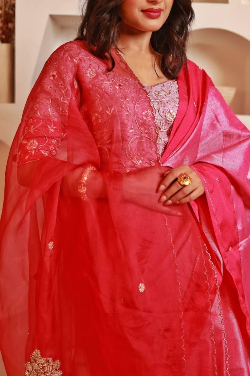 Gulabi Noor | Chanderi Silk Saree with Handcrafted Zardozi Blouse