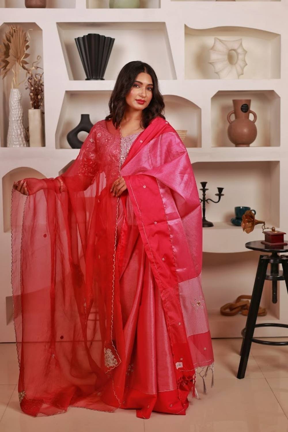 Gulabi Noor | Chanderi Silk Saree with Handcrafted Zardozi Blouse