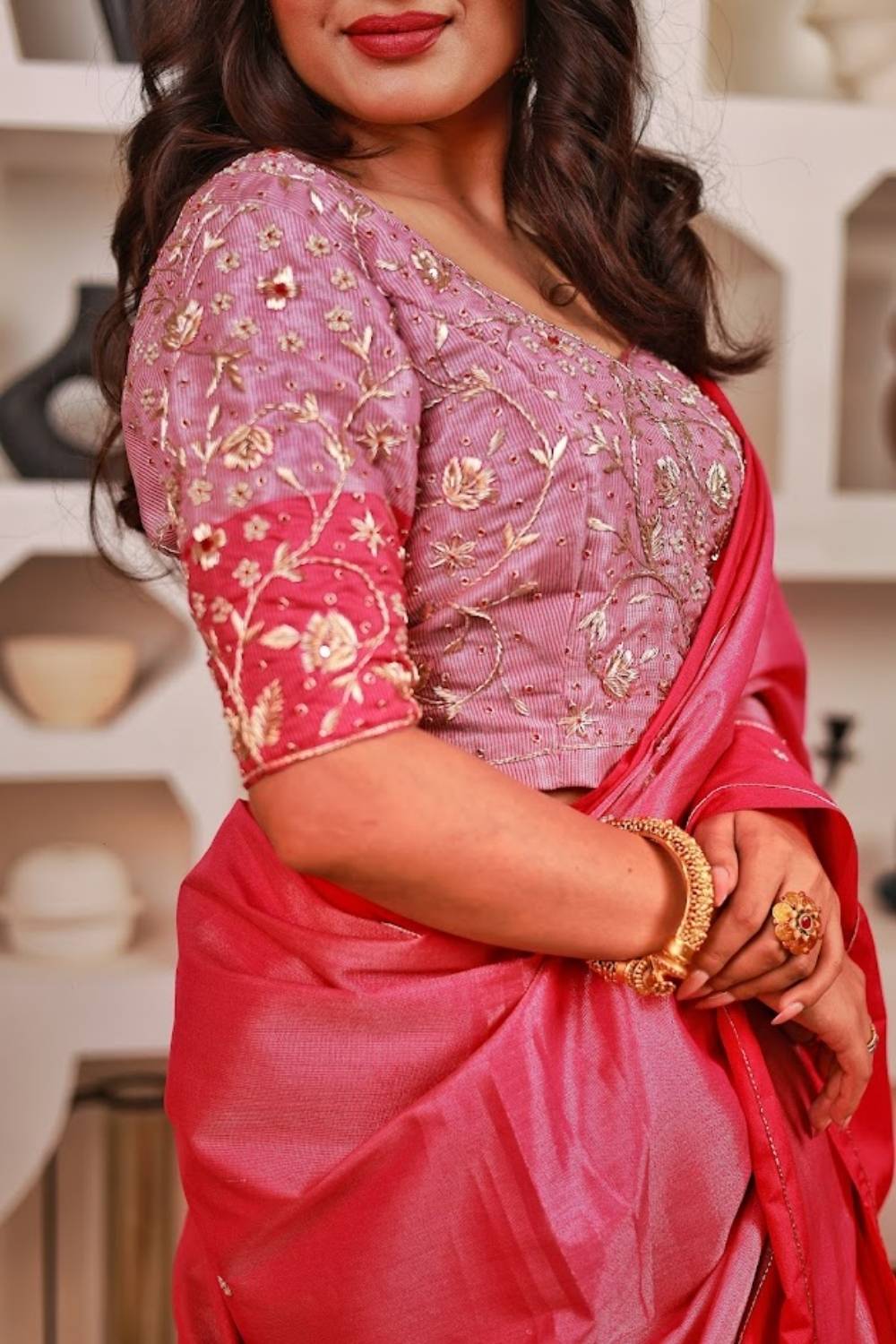 Gulabi Noor | Chanderi Silk Saree with Handcrafted Zardozi Blouse