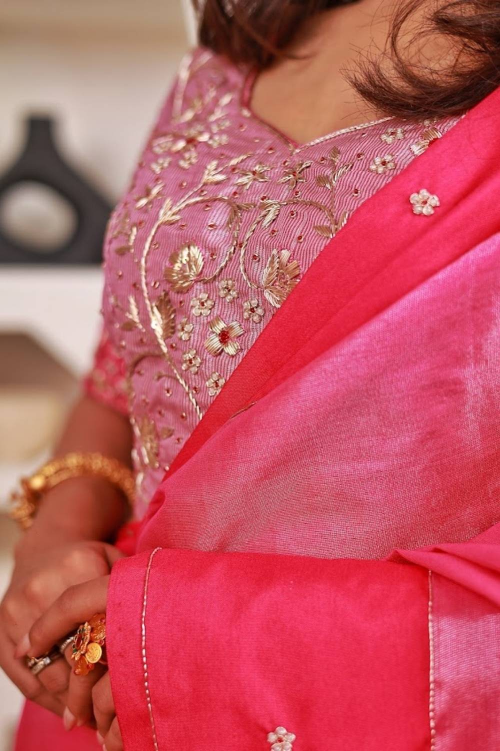 Gulabi Noor | Chanderi Silk Saree with Handcrafted Zardozi Blouse