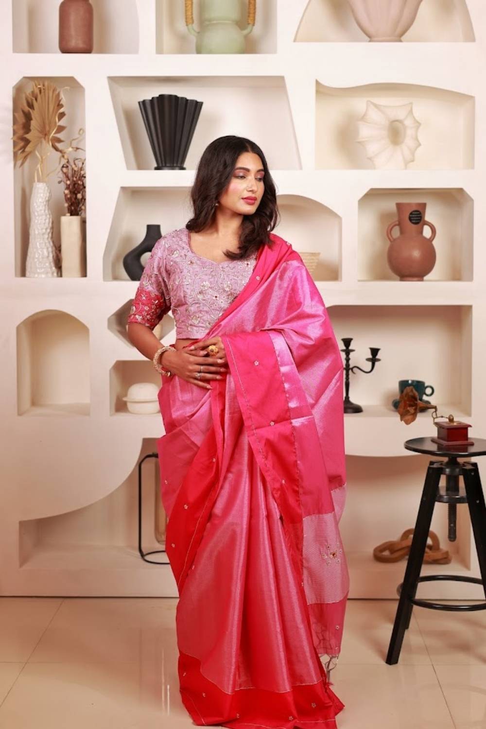 Gulabi Noor | Chanderi Silk Saree with Handcrafted Zardozi Blouse