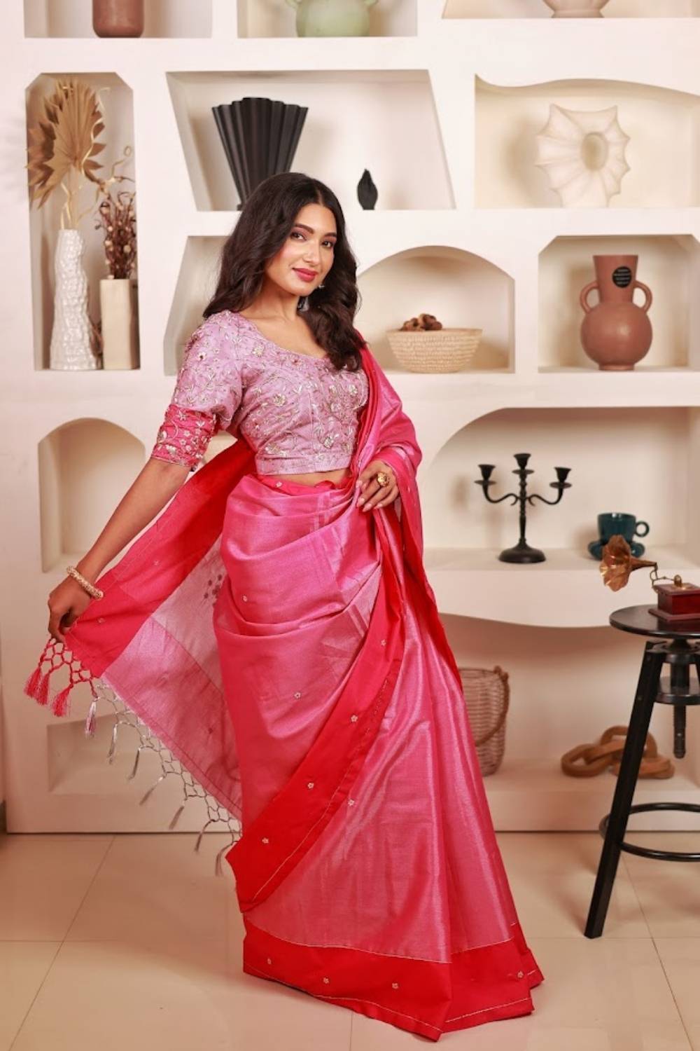 Gulabi Noor | Chanderi Silk Saree with Handcrafted Zardozi Blouse