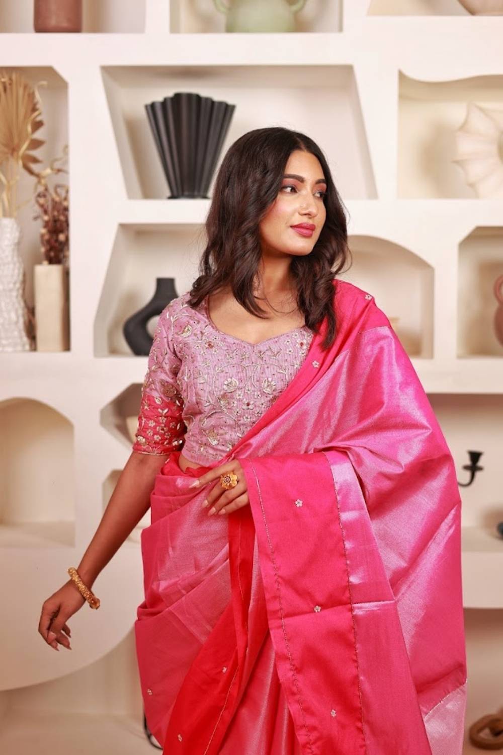 Gulabi Noor | Chanderi Silk Saree with Handcrafted Zardozi Blouse