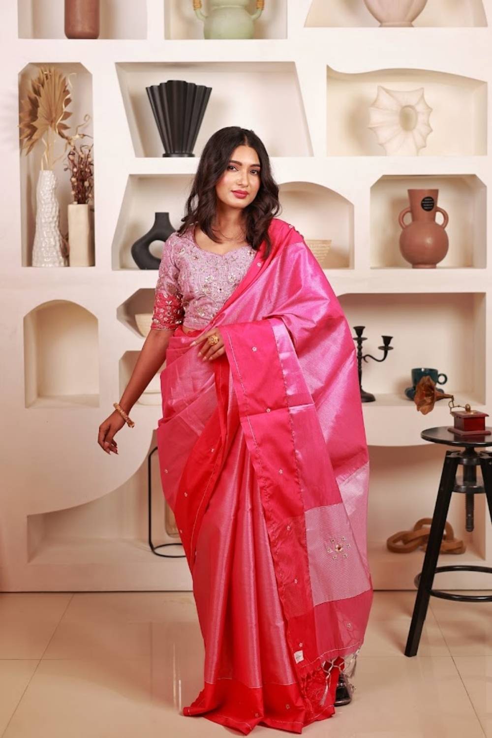 Gulabi Noor | Chanderi Silk Saree with Handcrafted Zardozi Blouse