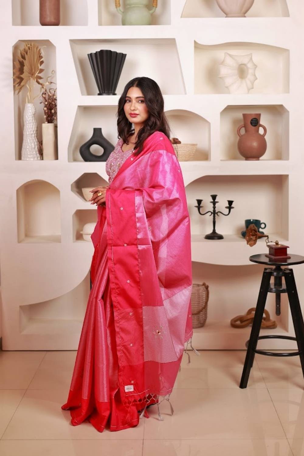 Gulabi Noor | Chanderi Silk Saree with Handcrafted Zardozi Blouse