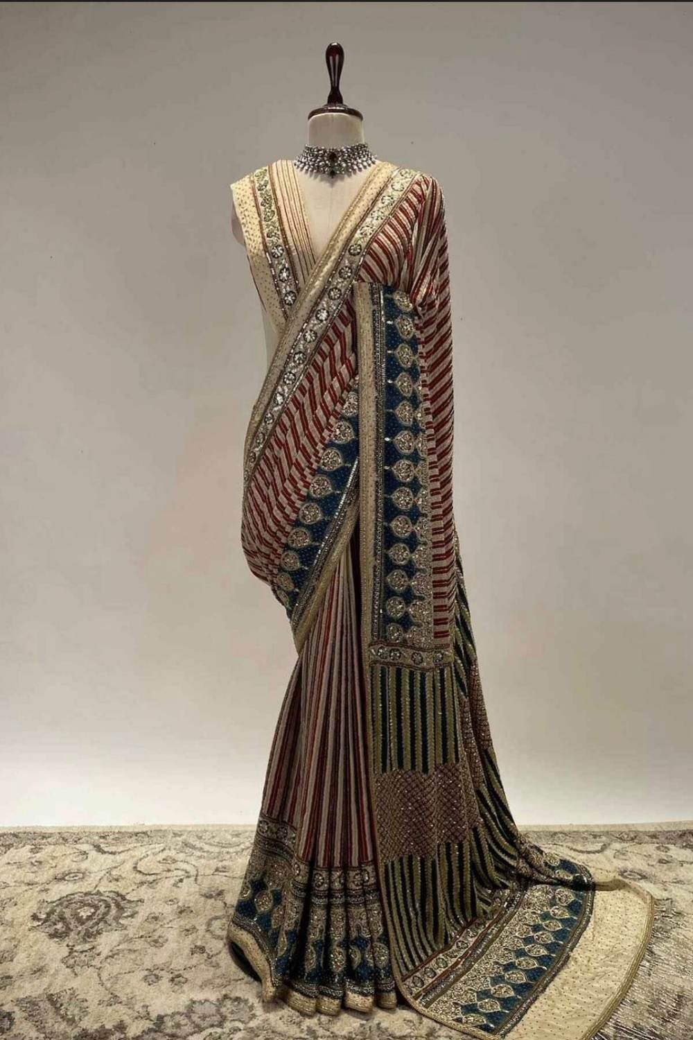 Royal Striped Zardozi Saree with Contrast Pallu