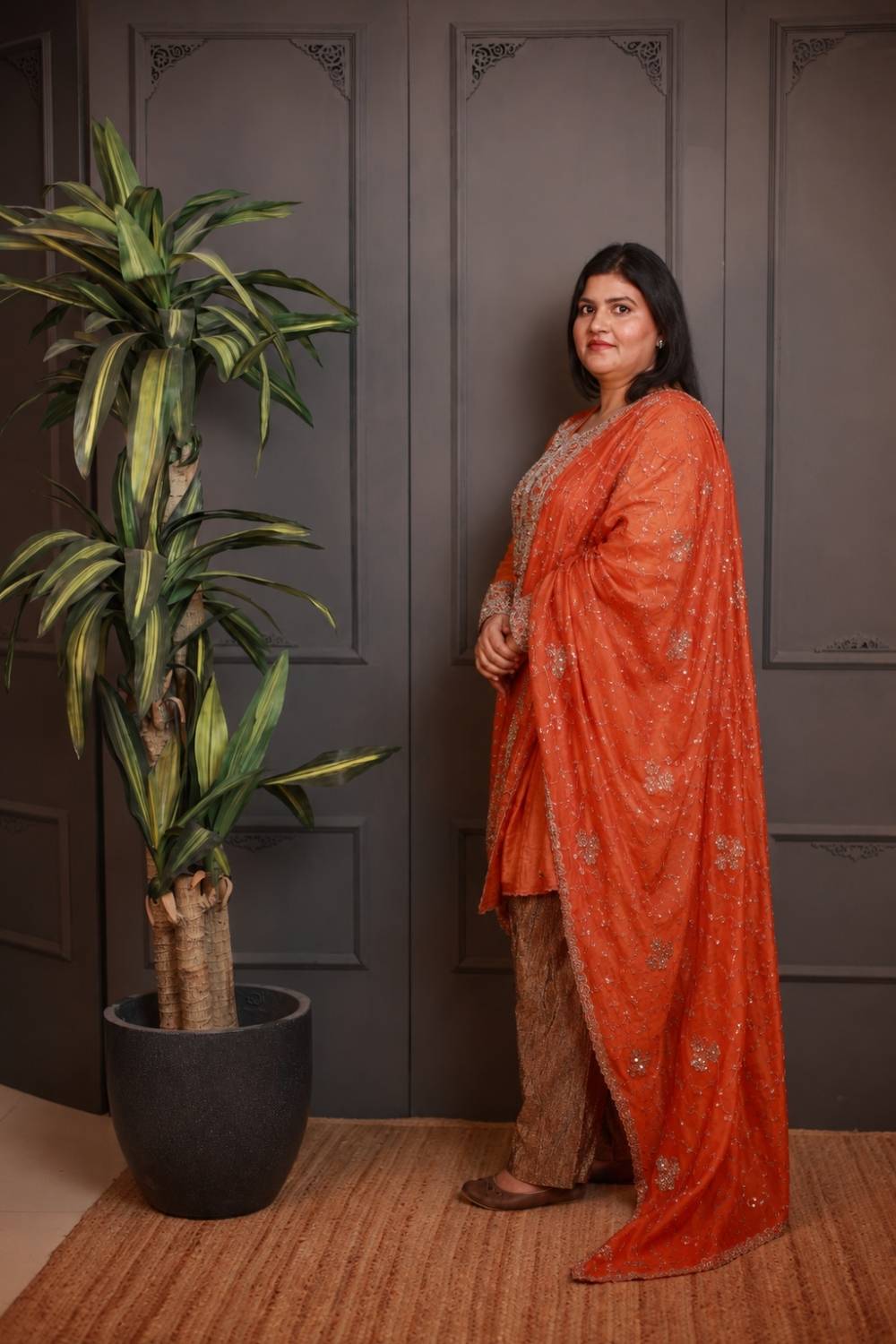 Rust Orange Embroidered Kurta Set with Metallic Dhoti Pants & Net Dupatta