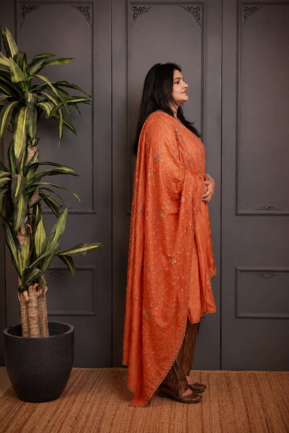 Rust Orange Embroidered Kurta Set with Metallic Dhoti Pants & Net Dupatta