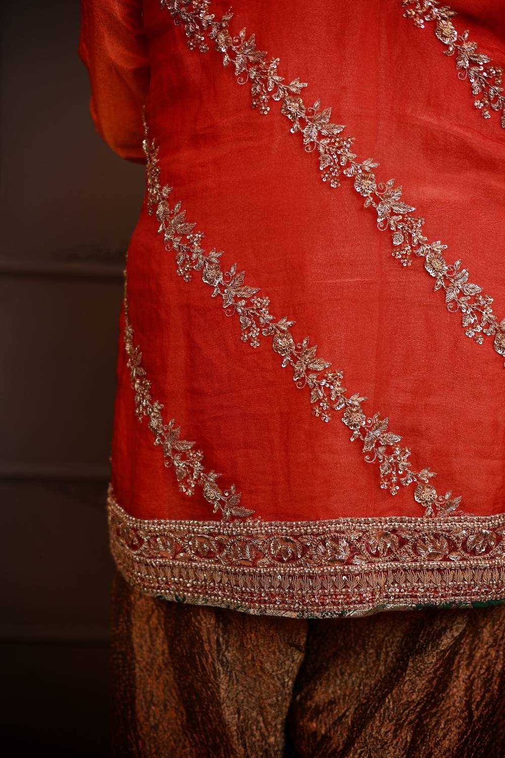 Rust Orange Embroidered Kurta Set with Metallic Dhoti Pants & Net Dupatta