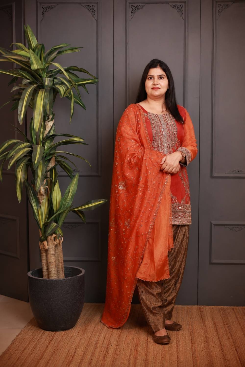 Rust Orange Embroidered Kurta Set with Metallic Dhoti Pants & Net Dupatta