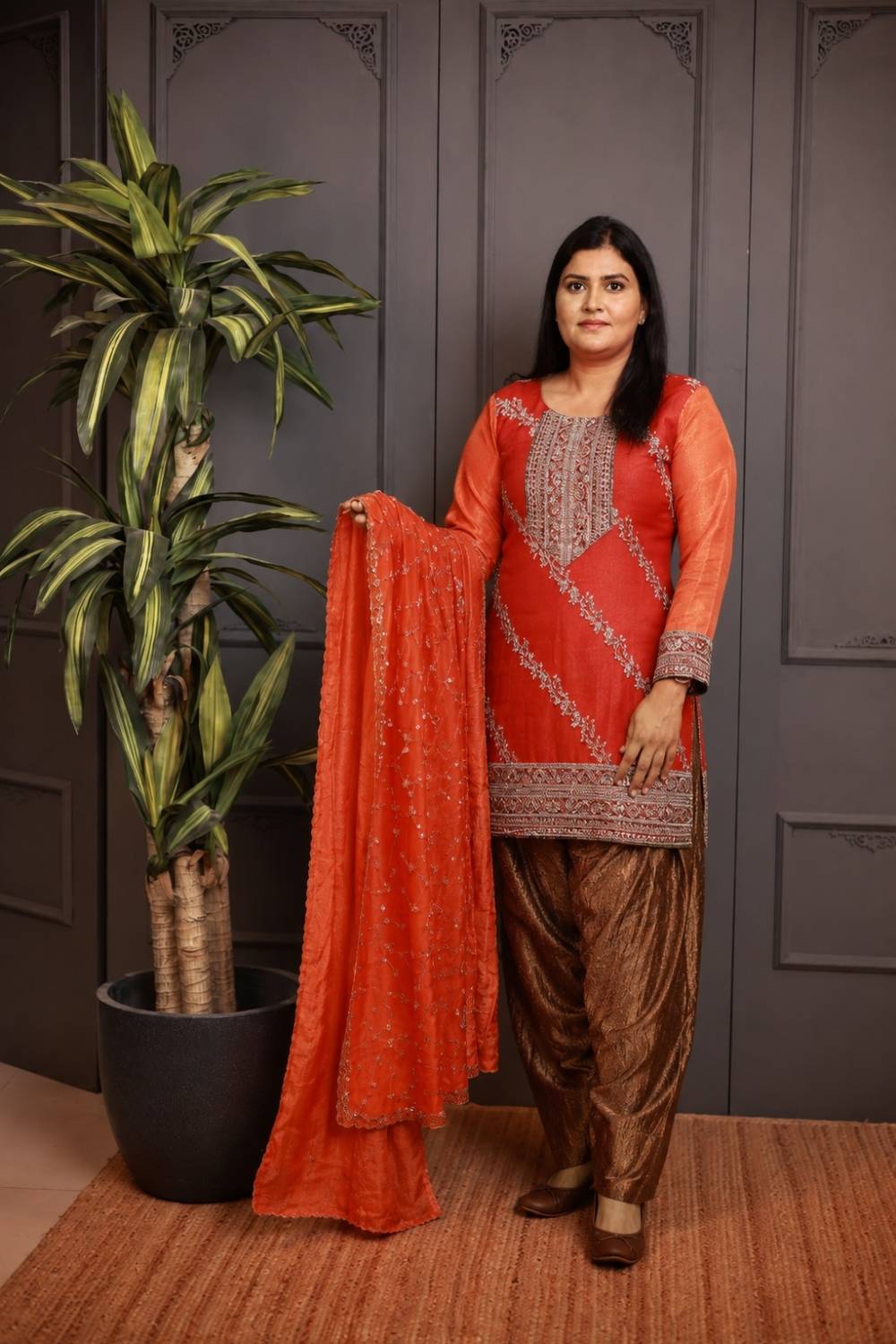 Rust Orange Embroidered Kurta Set with Metallic Dhoti Pants & Net Dupatta