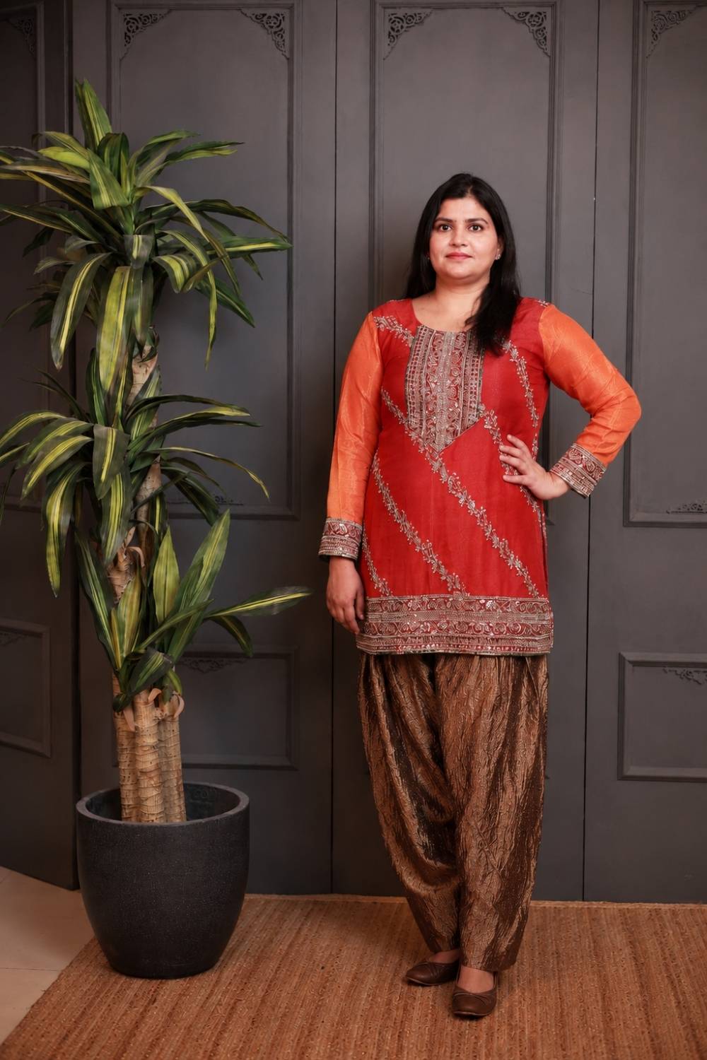 Rust Orange Embroidered Kurta Set with Metallic Dhoti Pants & Net Dupatta