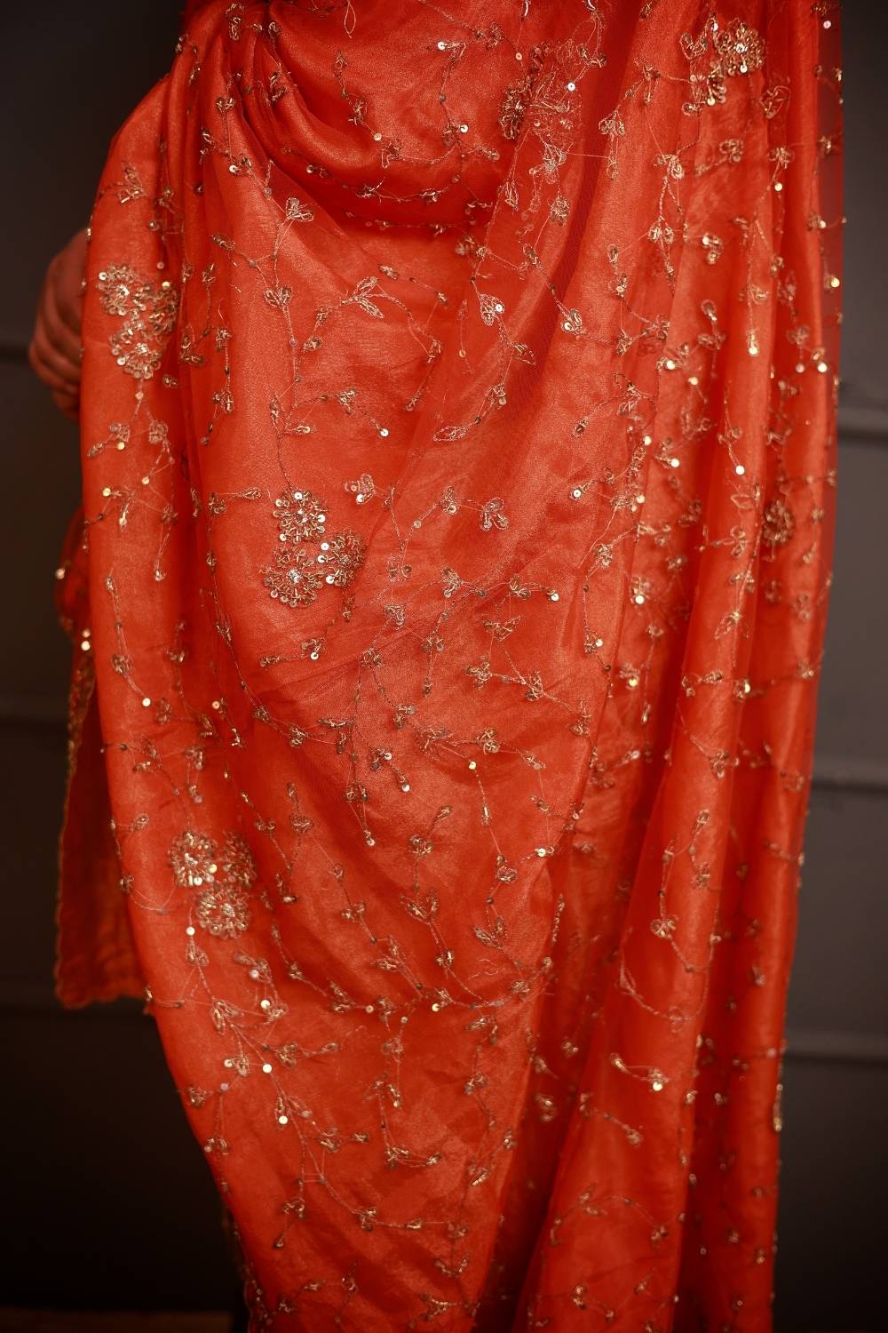 Rust Orange Embroidered Kurta Set with Metallic Dhoti Pants & Net Dupatta