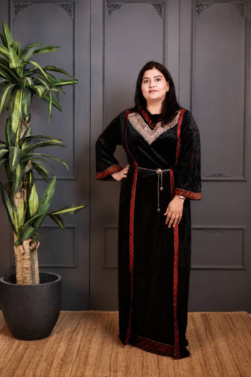 Royal Black Velvet Gown with Handcrafted Zardozi Neckline