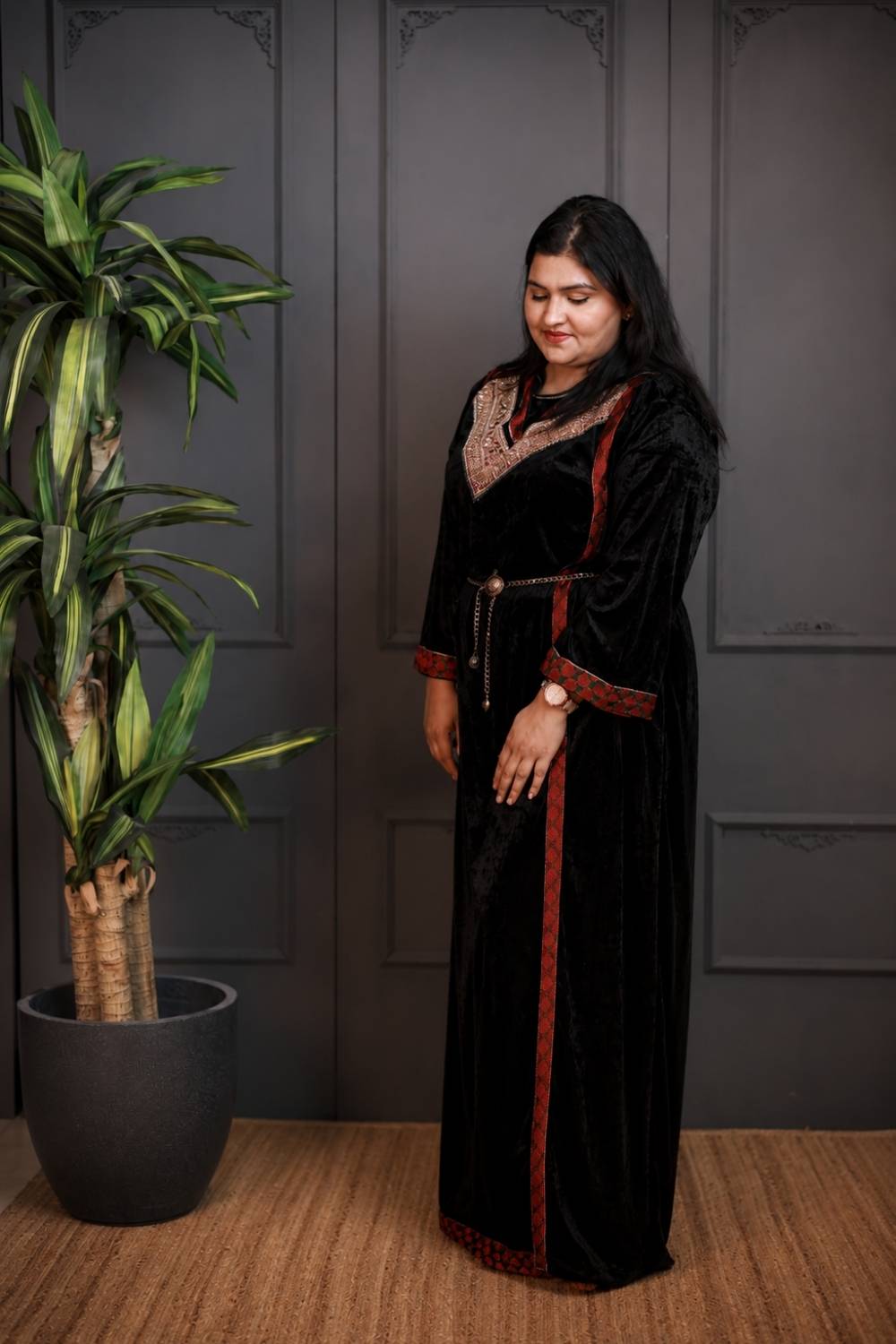 Royal Black Velvet Gown with Handcrafted Zardozi Neckline