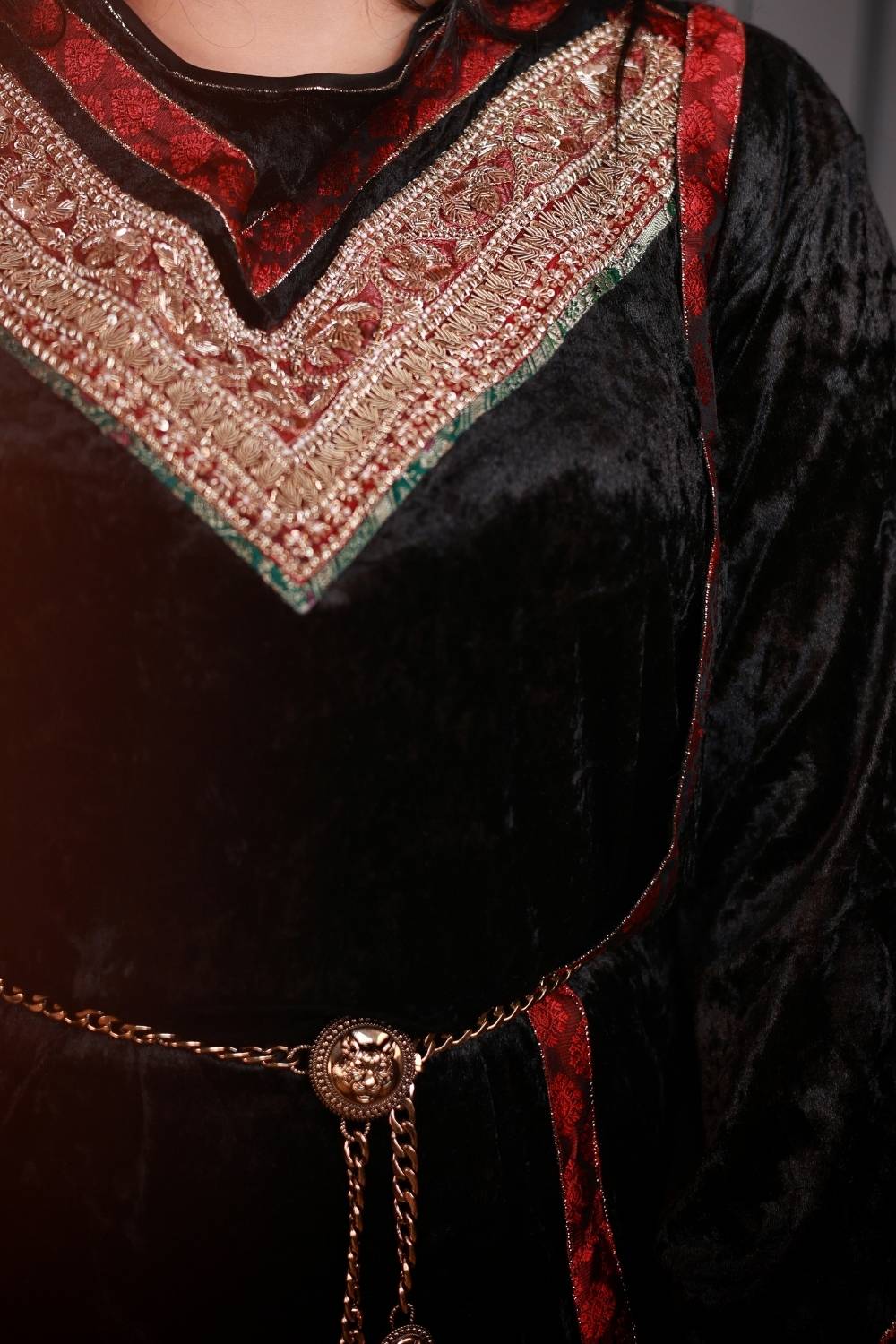 Royal Black Velvet Gown with Handcrafted Zardozi Neckline