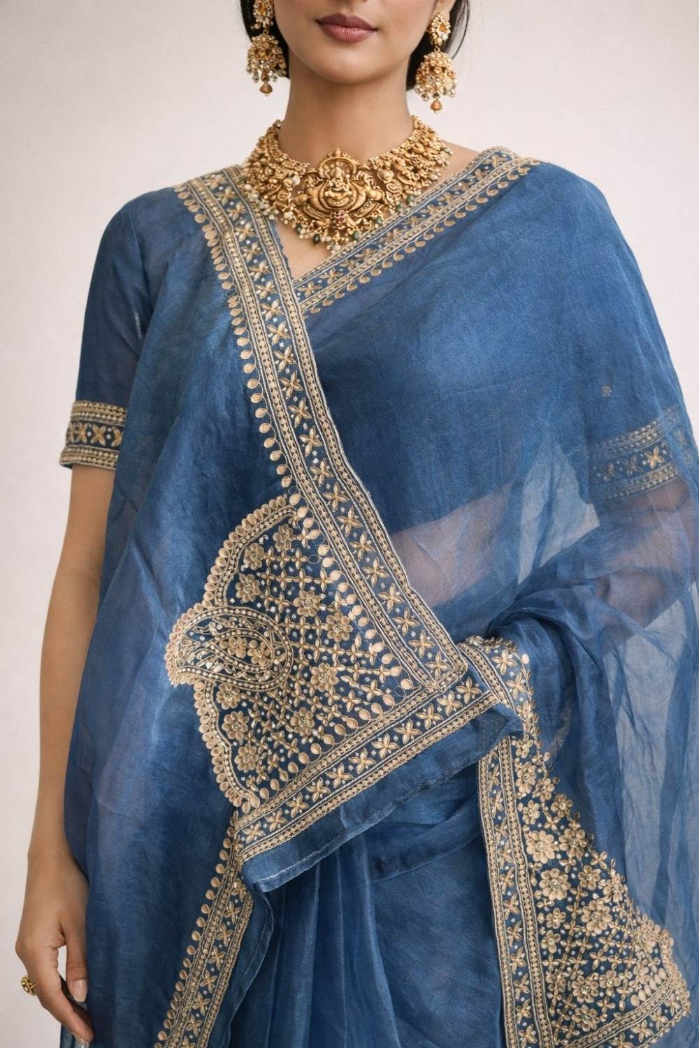 Aether Blue Hand-Embroidered Organza Saree