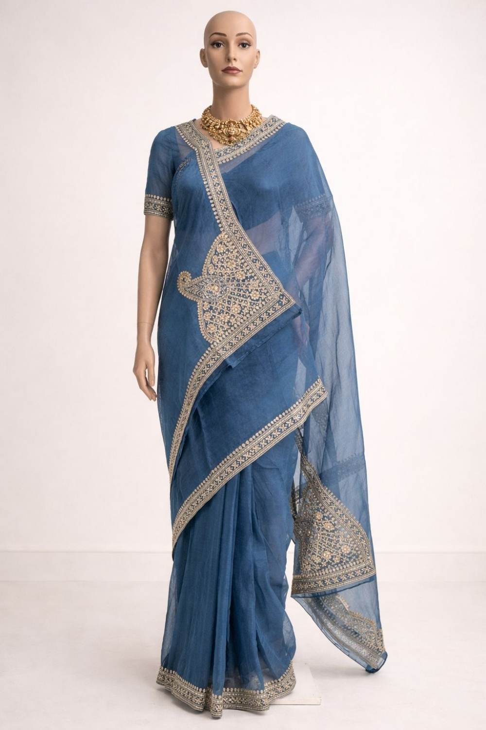 Aether Blue Hand-Embroidered Organza Saree