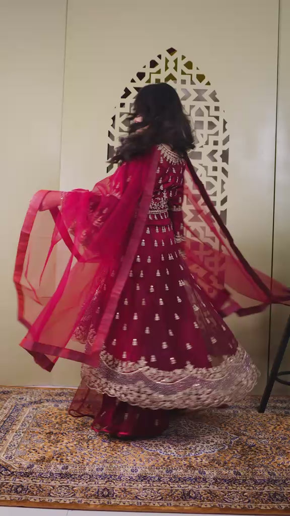 Crimson Zari Embroidered Net Anarkali Set with Palazzo & Dupatta